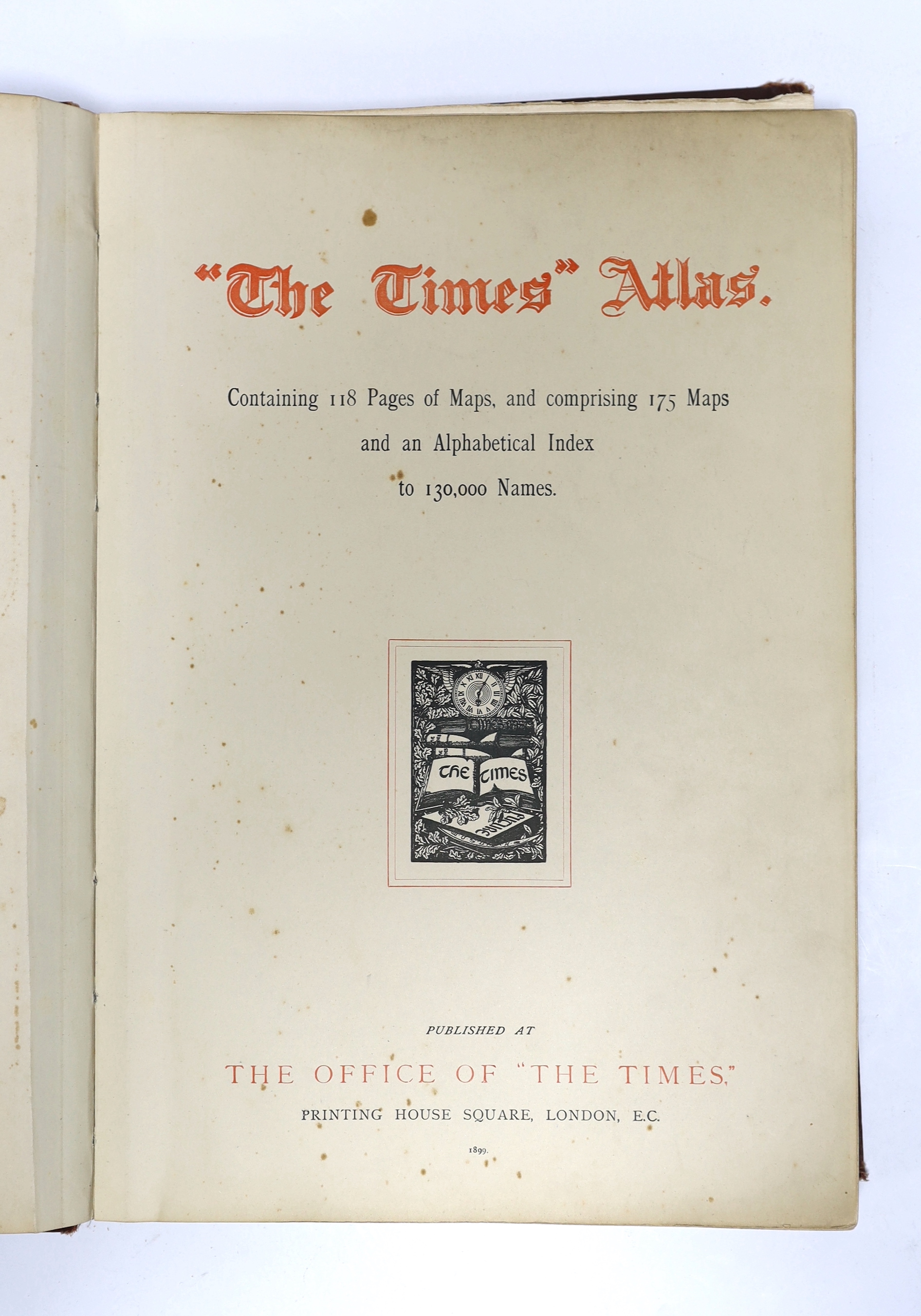 'The Times' Atlas. many d-page and other coloured maps, detailed letterpress index; publisher's gilt cloth, folio. 1899